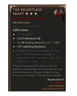 Diablo 4 Eternal The Relentless Heart 3GA 29.3 Unique Chest Armor Gear Equipment