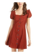 SEQUIN HEARTS Womens Fit + Flare Short Dress Brown Pouf Sleeve Juniors L