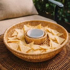 Vintage Wicker Chip and Dip Basket with Ceramic Chili Pepper Bowl – 13” Diameter