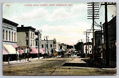 Lower Main Street Fort Atkinson Wisconsin WI Hardware Store 1910 Postcard