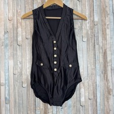 Vintage 90s Gottex 14 Pearl Button Front V Neck One Piece Swimsuit Bodysuit