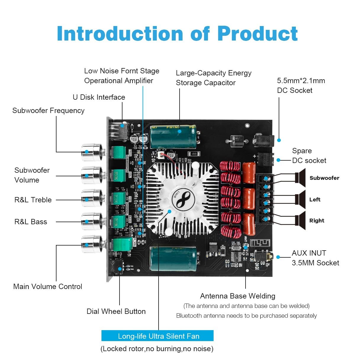 ZK-HT21 TDA7498E Bluetooth Amplifier Board 160W×2+220W Subwoofer