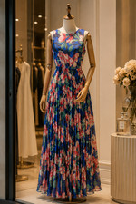 Blue Floral Pleated Satin Maxi Dress Sleeveless S M