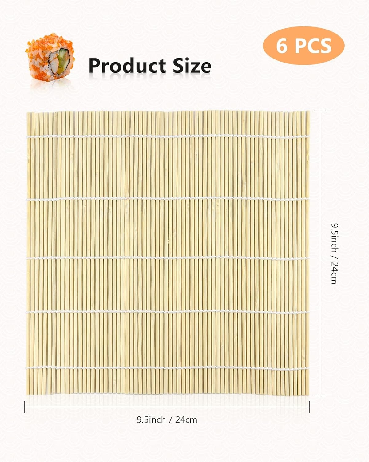 JIALEEY Bamboo Sushi Rolling Mat, 9.5x9.5 Inch, 6 PCS Set Medium, Brown 