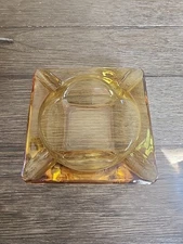 Vintage Mid Century Square Yellow Amber Ashtray Glass Heavy Mid Century 6 inch 