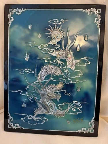 Asian Lacquered Mother Of Pearl Dragon Wall Art Plaque