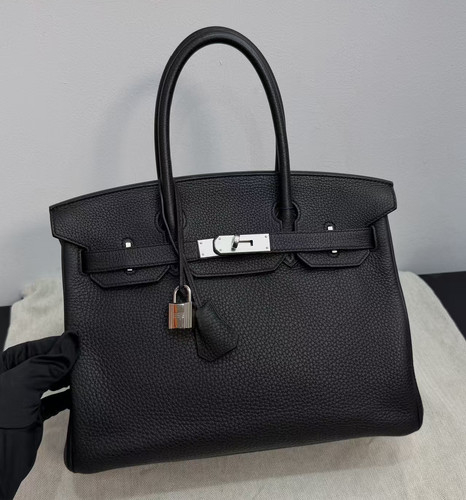 AUTH Hermès Birkin 30 Black Togo Leather Palladium Hardware Top Handle Bag VERY