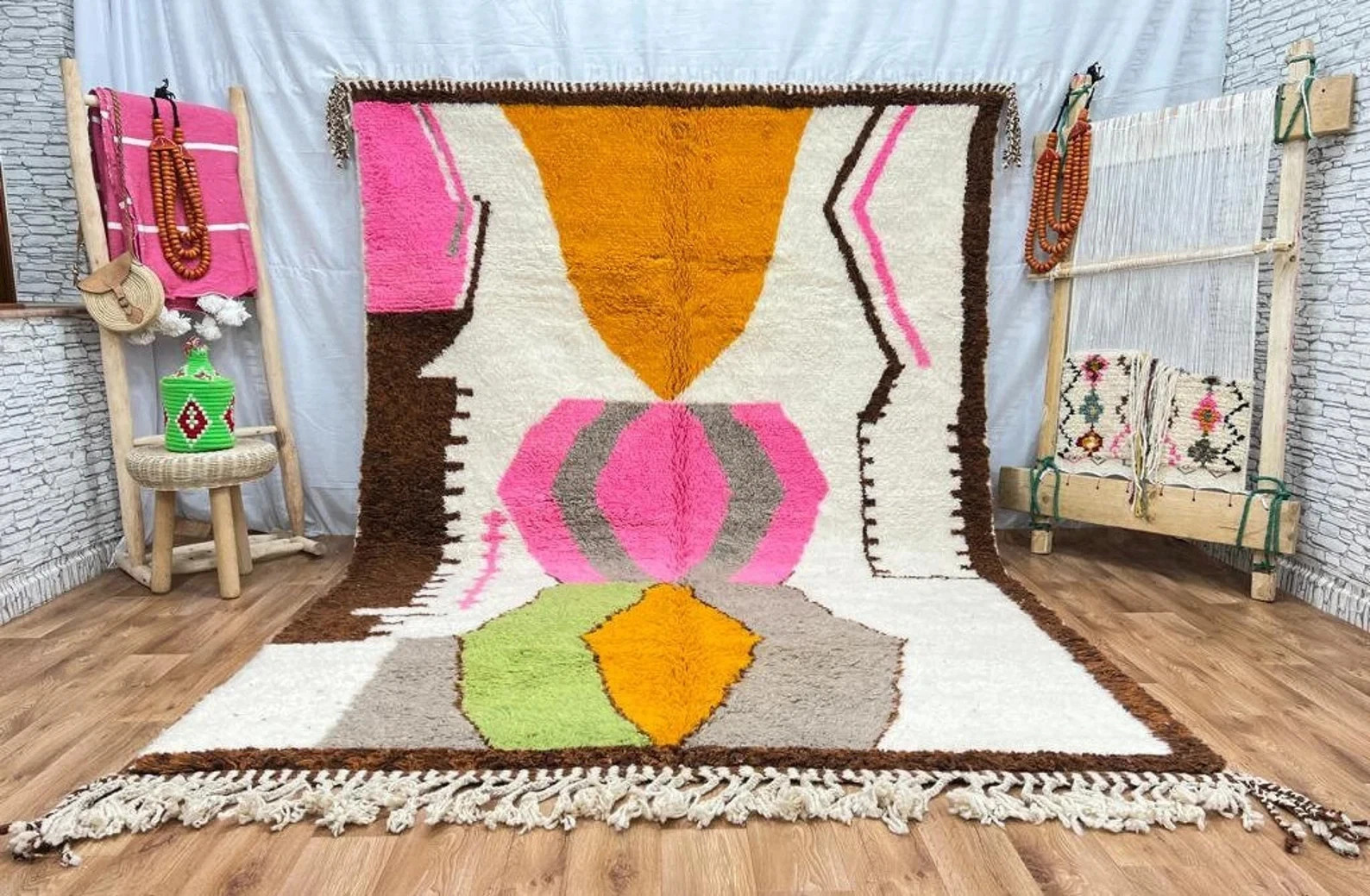 Moroccan Berber Beni Ourain Wool Rug Color Multicolor Design Handmade Carpet Rug