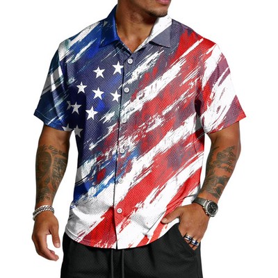 American Flag Hawaiian Shirt Men Patriotic 250th Anniversary Button