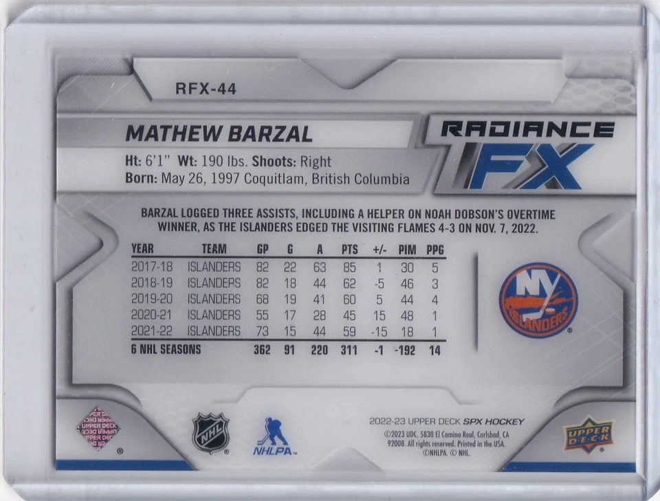 2022-23 SPx Radiance F/X /549 Mathew Barzal #RFX-44 - Image 2 of 2