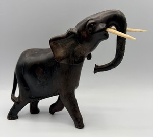 Antique MCM Hand-Carved Solid Ebony Wood Elephant with Tusks Figural Sculpture