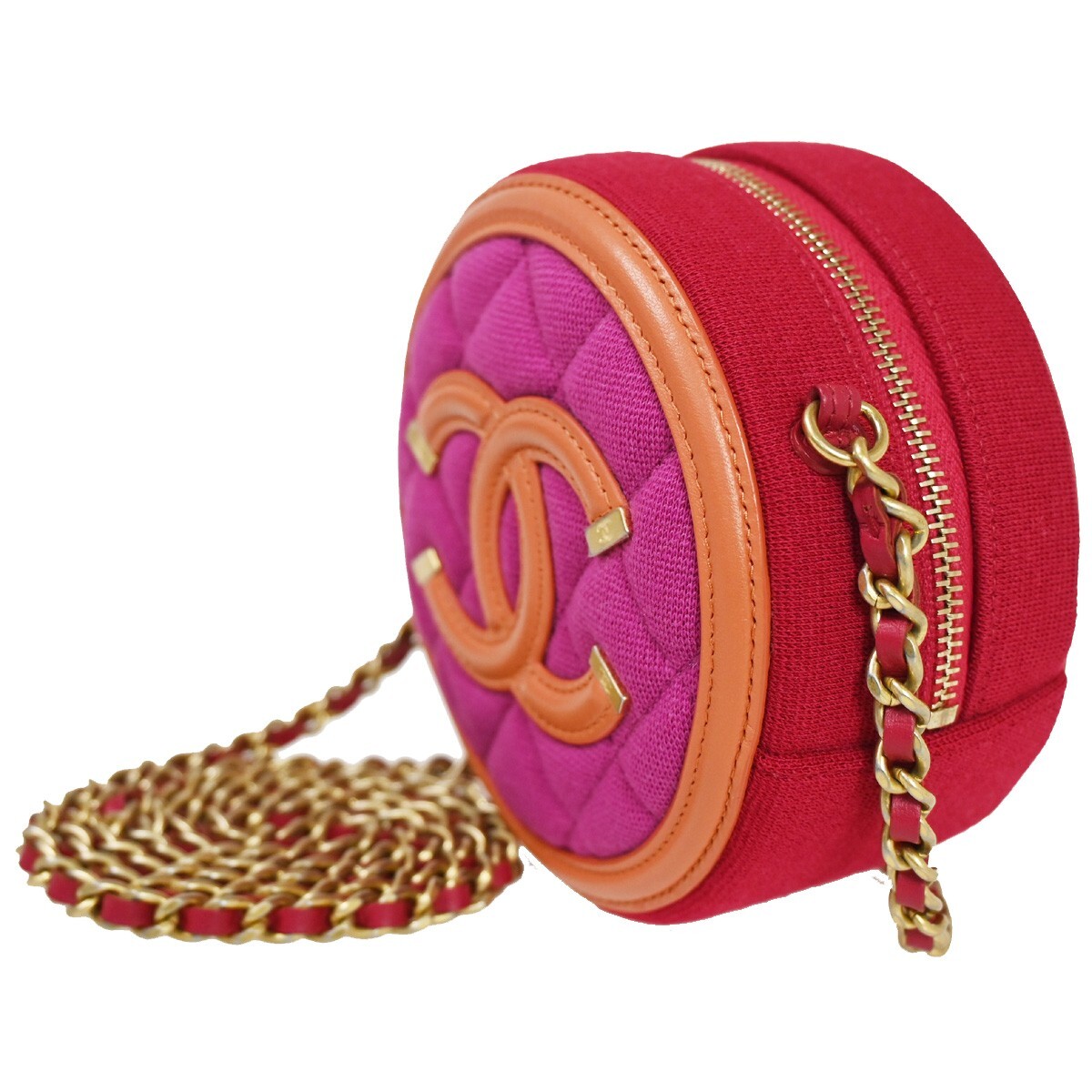 CHANEL CC Round Mini Chain Shoulder Bag Canvas Leather Red Magenta