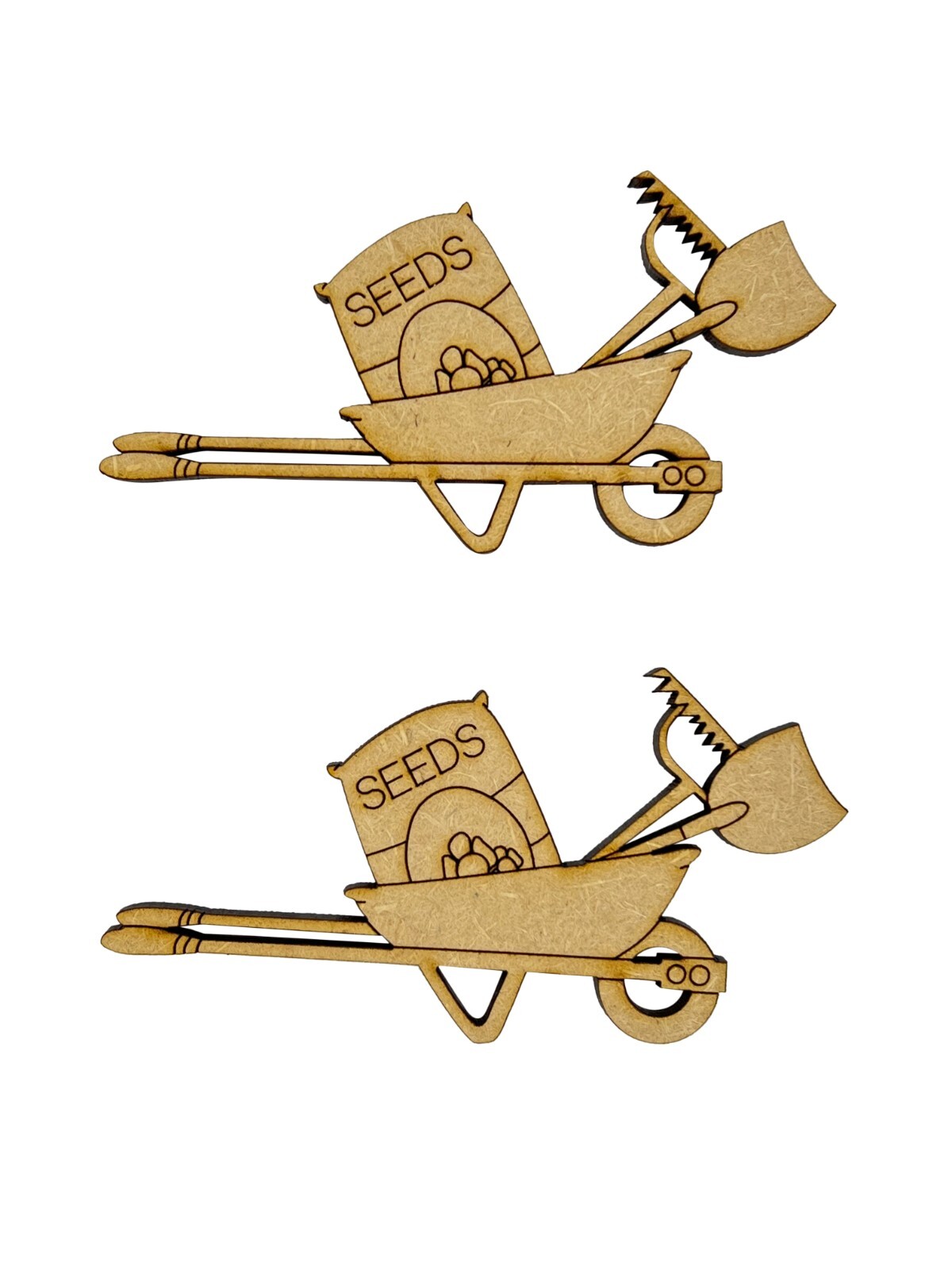 6x Wheelbarrow Gardening Tools 7.5cm Wood Craft Embelishments Laser Cut Shape