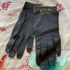 Vintage Aris of Paris Black Leather Gold Trim Beads Gloves