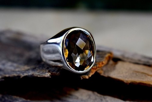 Solid 925 Sterling Silver Natural Brown Smoky Quartz Gemstone Signet Men's Ring - Picture 5 of 8
