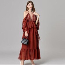 Women's Fashion Halter Off Shoulder Open Back Falbala Chiffon Beach Dress 