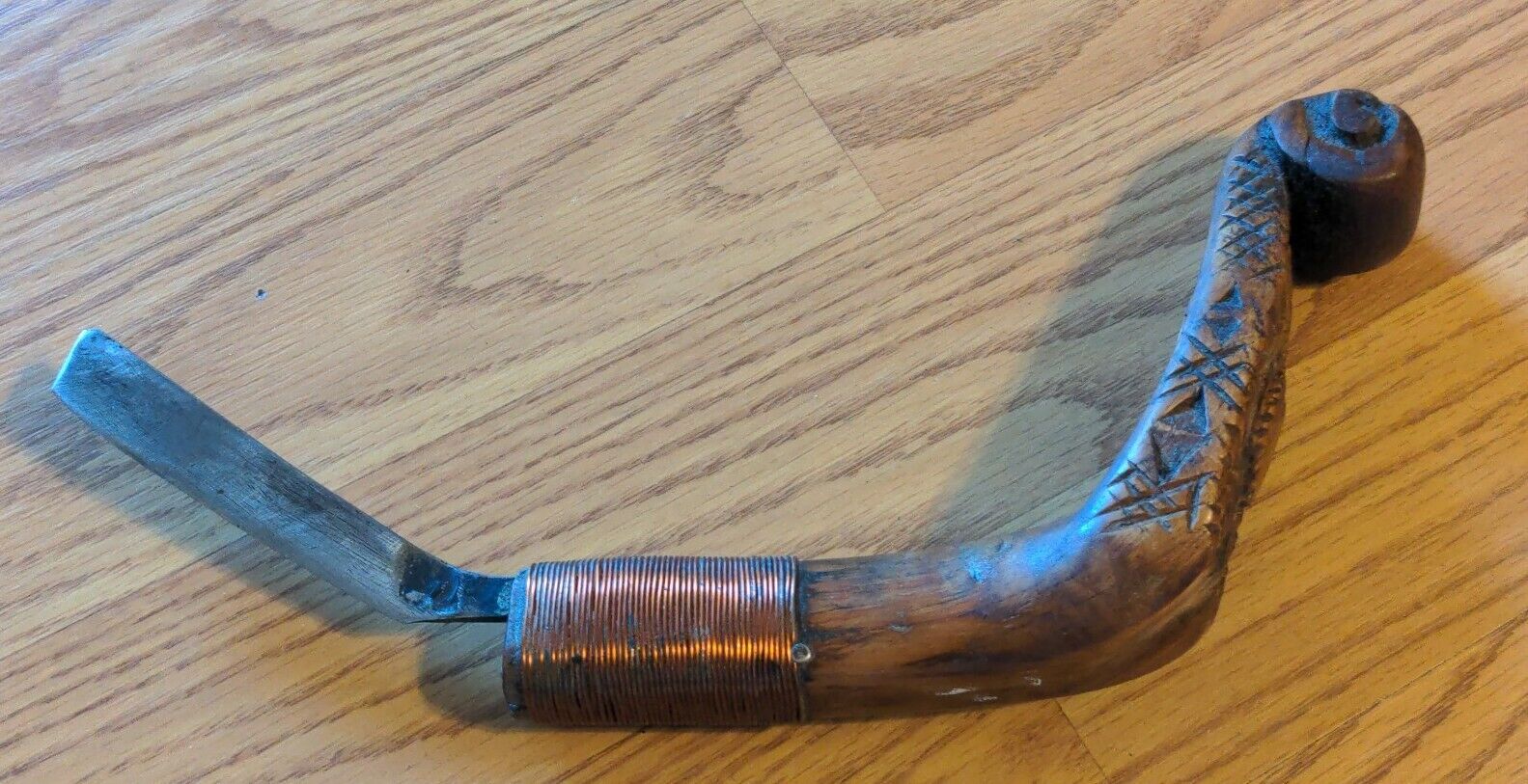 Antique Crooked Knife Carved Wood Steel & Copper American Folk Art