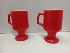 2 Red Milk Glass Anchor Hocking Mugs Cups Pedestal Vintage Orange Peel MCM Vtg