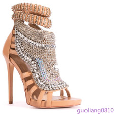 Pearls Women's Stilettos Heel Sandals Roman Shoes Open Toe Hollow Out Rhinestone