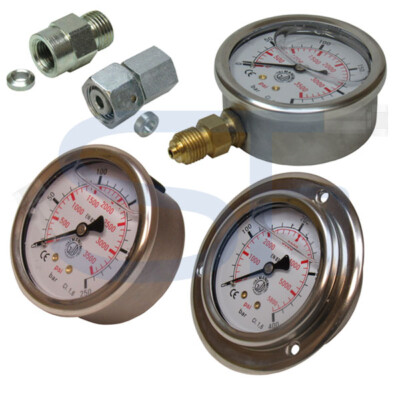 Manometer Hydraulik Ø 63mm Glycerinfüllung Messuhr Edelstahl 1/4''  1 - 1000 bar 