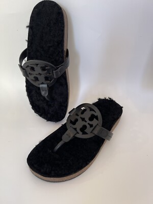 Tory Burch Birch Miller Cloud Shearling Sandals Black Mules Slides Size 6M  $245+
