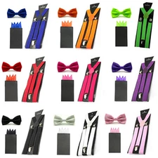 Men Solid Color Pre-tied Bowtie 4 Point Hanky Pocket Square Braces Suspender Set