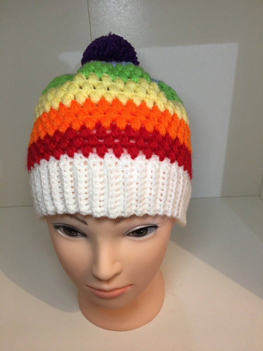Handmade Crochet Rainbow Beanie Hat Unisex Size M (52-56cm) UK
