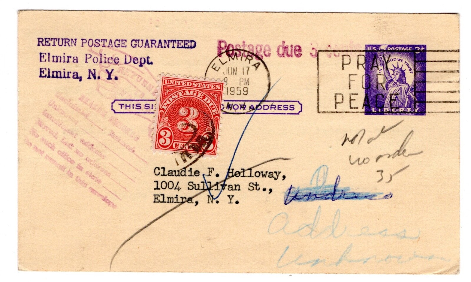 UX46 Liberty Postal Card Elmira NY Local Use from Police Dept. Postage