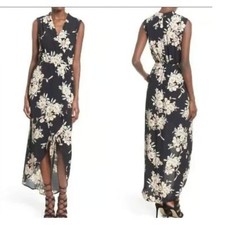 ASTR The Label Black Floral Wrap V-Neck High Low Cap Sleeve Dress size medium