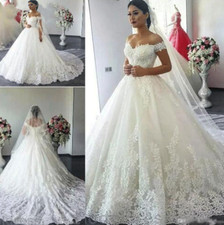 White Lace Wedding Dresses With Appliques Off Shoulder Sweep Train Bridal Gowns