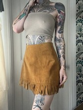 Vtg 70s Judy  s CA Western Suede Lined Fringed Mini Skirt Boho Festival Rampage S