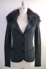 New Lanvin Gray Wool Cashmere Knit Jacket Blazer Mongolian Lamb Fur Collar S