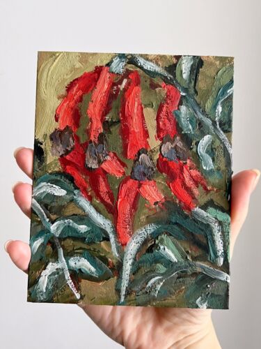 Pintura al óleo de flores rojas arte floral original arte en miniatura planta de flores exóticas - Imagen 1 de 5