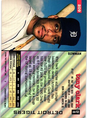 Tony Clark #209 Signed 1994 Bowman MLB Baseball Card Tigers AUTO