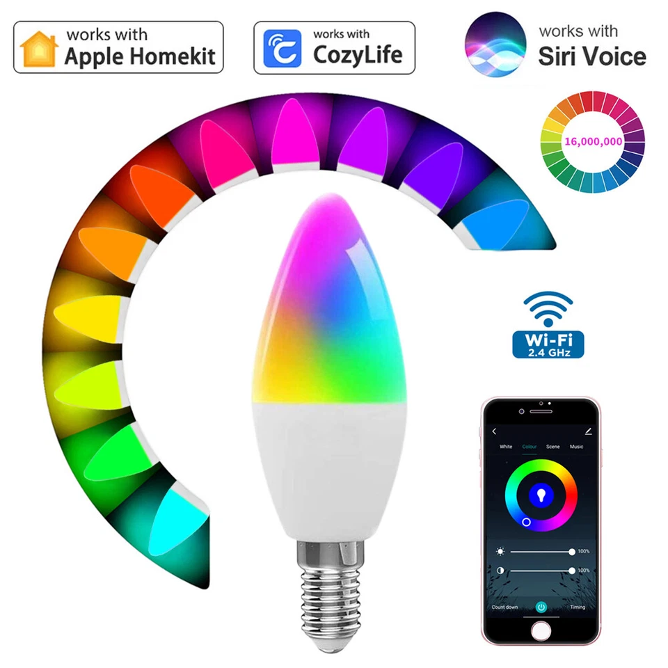 Smart Homekit LED Bulb E14 Candle 5W=75W WiFi RGBCW 2700K-6500K for Alexa Google - Image 4 of 4