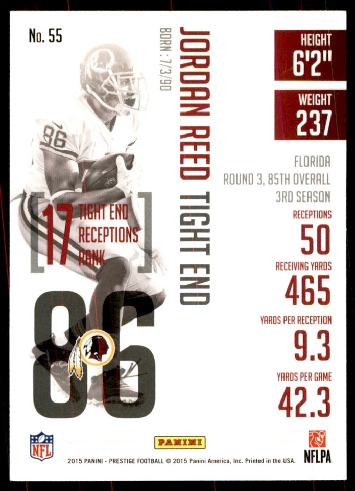 2015 Panini Prestige Jordan Reed Washington Redskins #55 - Image 2 of 2