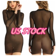 Women-See Through Bodycon Dress One Piece Long Sleeve Tube Mini Dress Lingerie