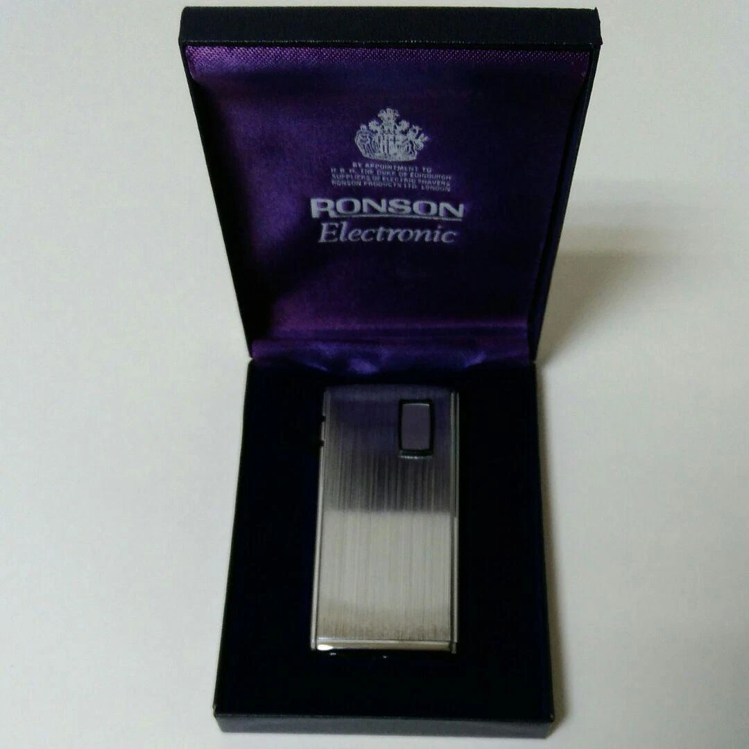 RONSON® VARAFLAME ELECTRONIC GAS LIGHTER 1970s VINTAGE SILVER WITH BOX