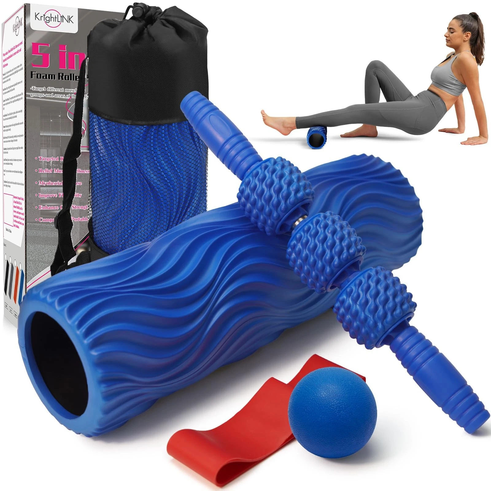 5-in-1 Foam Roller Set, Massage Roller Stick, Massage Ball, Resistance Band f...