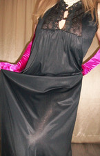 Vtg Black Nylon Lace Long Nightgown S