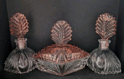 Art Deco Martinsville Pink Depression Glass Vanity Set- Trinket & Perfume Bottle