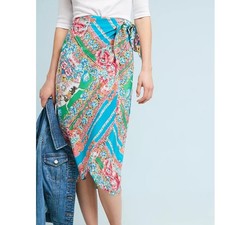 Anthropologie Maeve Bette Wrap Skirt Sz 2 Silk Teal Pink Print Midi Knot Floral