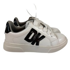 DKNY Kids 12 White Sneakers Casual Fashion Shoes DK Black White Shiny Letters