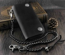 Fashion Mens Genuine Leather Biker Rocker Long Wallet Skull Braided Chain