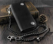 Fashion Mens Genuine Leather Biker Rocker Long Wallet Skull Braided Chain