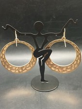 Vintage Large Pierced Hoop Earrings, Hammered Brass-tone Long Dangle