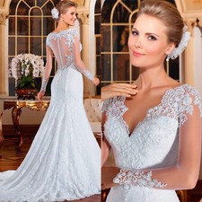 Elegant Mermaid Wedding Dress Lace Appliqued Beads Bride Gown Sweep Train V Neck