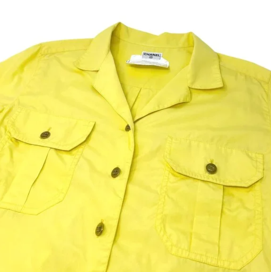 CHANEL Vintage P04883 CC Logo Shirt Top #36 Yellow Gold Cotton