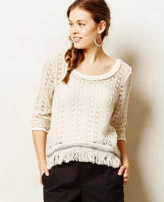 Anthropologie Akemi + Kin Open Weave Knit Crochet Fringe Boho Franja Pullover M