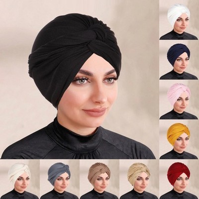 Muslim Women Hijab Turban Bonnet Cap Twist Knot Beanies Hat Solid Color Headwear
